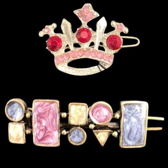 Hand-Painted Vintage Barrettes by Darlene - Enamel & Rhinestone Set of 2 - Picture 1 of 8